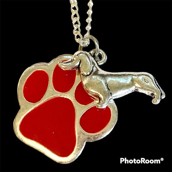 Dachshund Dog Paw Print Necklace Doxie 24" Chain Silver Plated Red Enamel - Picture 2 of 10